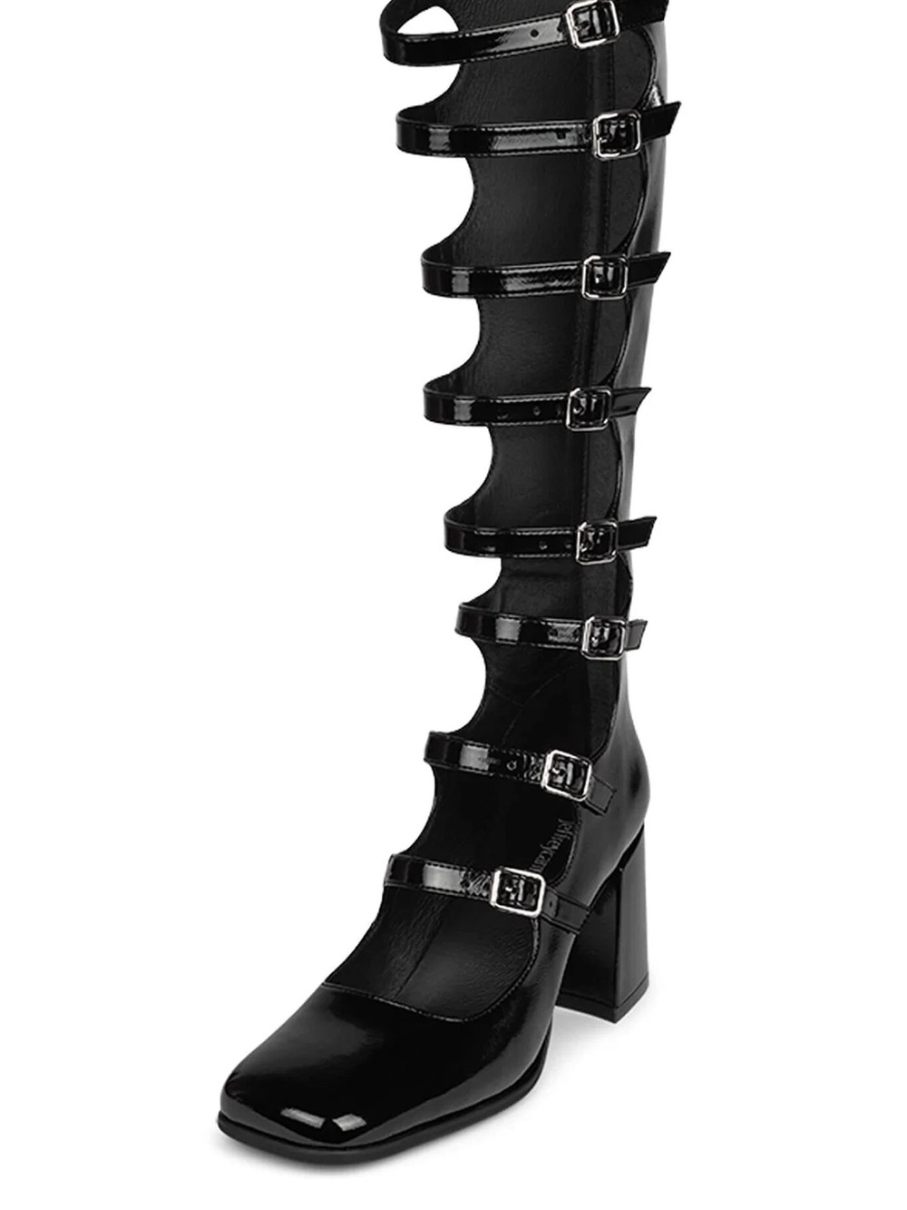 Monsieur Black Strappy Buckle Knee-High Block Heel Boots